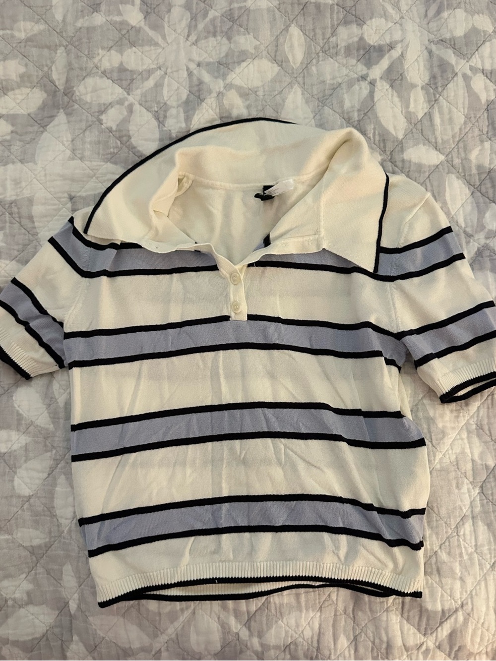 White and Light Blue Striped Polo Sweater Top